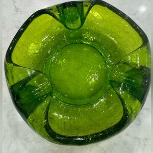 Vintage MCM Lime Green Crackle Glass Ashtray Art Glass Bowl